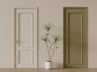 Light Beige And Olive Green Swing Doors With Potted Plant In Interior Space 3d model