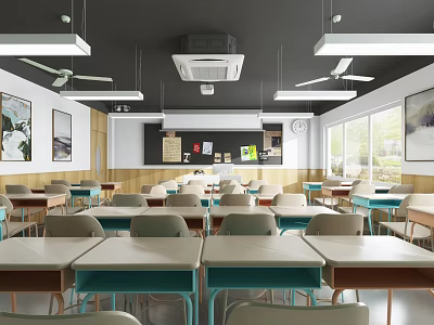 School Classroom Interior With Desks Chairs Blackboard Windows Ceiling Fans And Air Conditioner 3d model