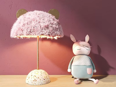 Pink Fluffy Lampshade With Gold Base And Rabbit Doll On Purple Wall 3d model