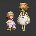 Two Big and Small Anime Characters Wearing Nurse Uniforms with Yellow Hair and Checkered Dresses