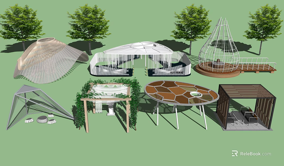 Diverse Modern Outdoor Structures With Pavilions Canopy Circular Designs And Greenery Elements 3d model 