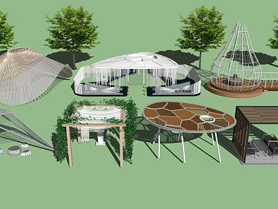 Diverse Modern Outdoor Structures With Pavilions Canopy Circular Designs And Greenery Elements 3d model