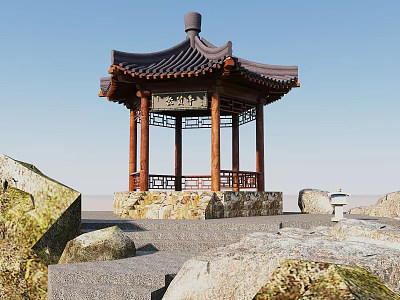 Traditional Chinese Pavilion With Curved Roof And Stone Steps In Rocky Surroundings 3d model