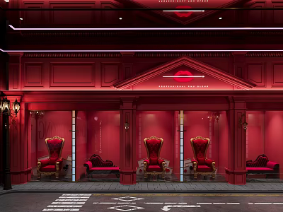 Luxurious Red Clubhouse Exterior Design With Elegant Chairs And Sofas 3d model