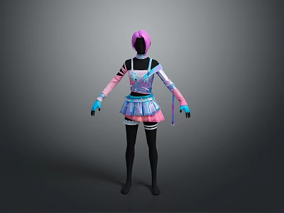 3D Character Model With Pink Hair Blue Pink Outfit Skirt Black Gloves And Leggings 3d model
