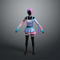 3D Character Model With Pink Hair Blue Pink Outfit Skirt Black Gloves And Leggings