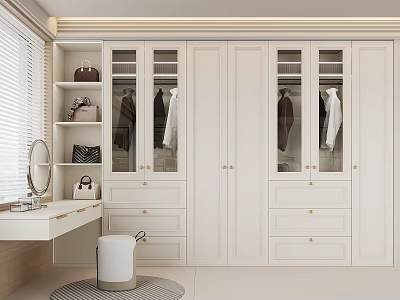 Elegant Modern White Wardrobe With Glass Doors Dressing Table And Clothes 3d model