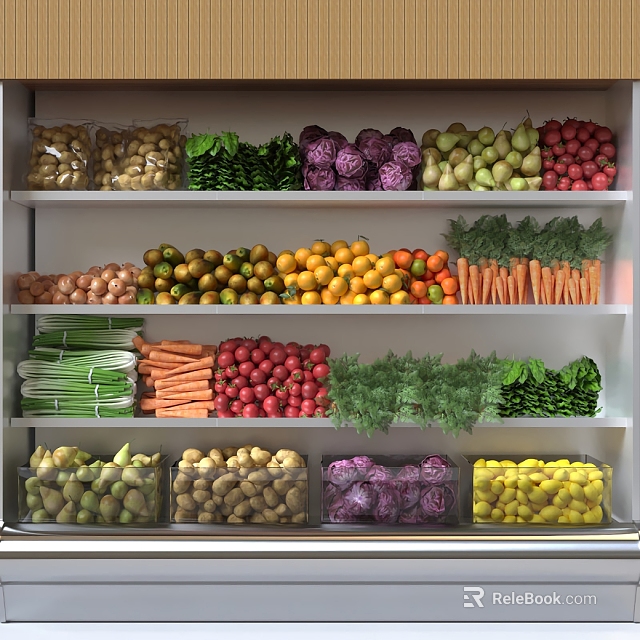 Fresh Assorted Vegetables Displayed On Shelves Including Potatoes Carrots Cabbages And Leafy Greens 3d model 