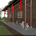 Ancient Architecture Veranda With Thatched Roof Red Lanterns Wooden Pillars Stone Walls And Carved Windows