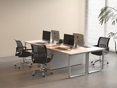 Modern Office Desk With Metal Frame Multiple Computer Monitors And Ergonomic Chairs 3d model