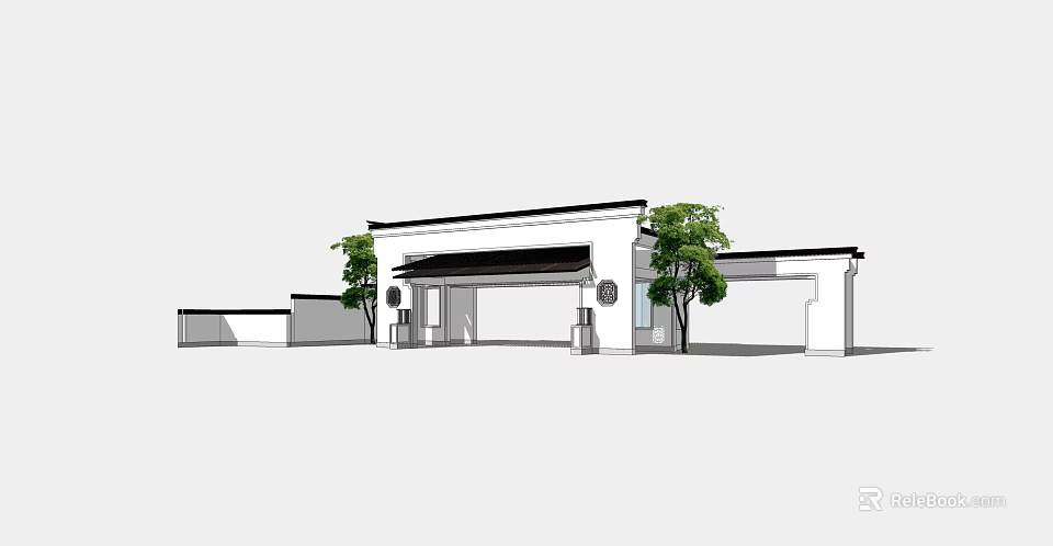 Traditional Chinese Entrance Gate Design With White Walls Black Roof And Trees 3d model 