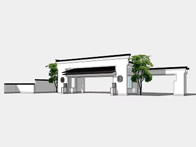 Traditional Chinese Entrance Gate Design With White Walls Black Roof And Trees 3d model
