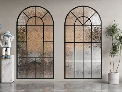 Modern Arched Casement Windows with Black Frame and Frosted Glass in Stylish Interior with Greenery 3d model