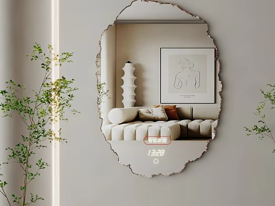 Irregular Shaped Decorative Mirror Reflecting Modern Living Room With Sofa Plants And Artwork 3d model