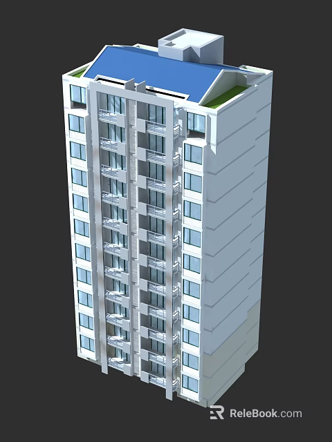 Modern High Rise Residential Building with Light Exterior Windows Balconies and Green Roof 3d model 