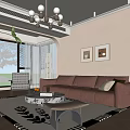 Modern Living Room Interior With Brown Sofa Marble Coffee Table Wall Art And Green Plant