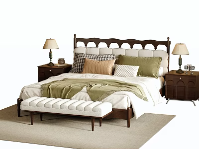 Cozy Double Bed With Wooden Headboard Pillows Nightstands Table Lamps And Bench 3d model