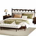 Cozy Double Bed With Wooden Headboard Pillows Nightstands Table Lamps And Bench