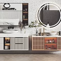 Modern Bathroom Interior With Double Vanities Rectangular Round Mirrors And Wooden White Cabinets 3d model