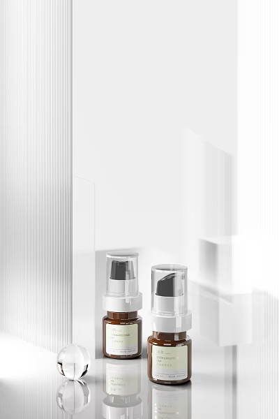 White Perfume Cosmetic Bottles With Silver Sprayers And Geometric 3D Structure Background 3d model