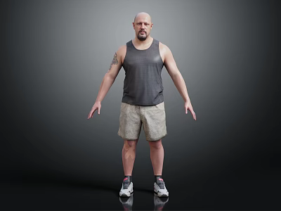 Man With Arm Tattoo Wearing Gray Tank Top Khaki Shorts Sneakers Standing Against Dark Background 3d model