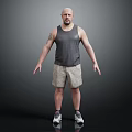 Man With Arm Tattoo Wearing Gray Tank Top Khaki Shorts Sneakers Standing Against Dark Background