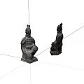 Two Black Seated Terracotta Warrior Sculptures with Front and Side Views on White Background