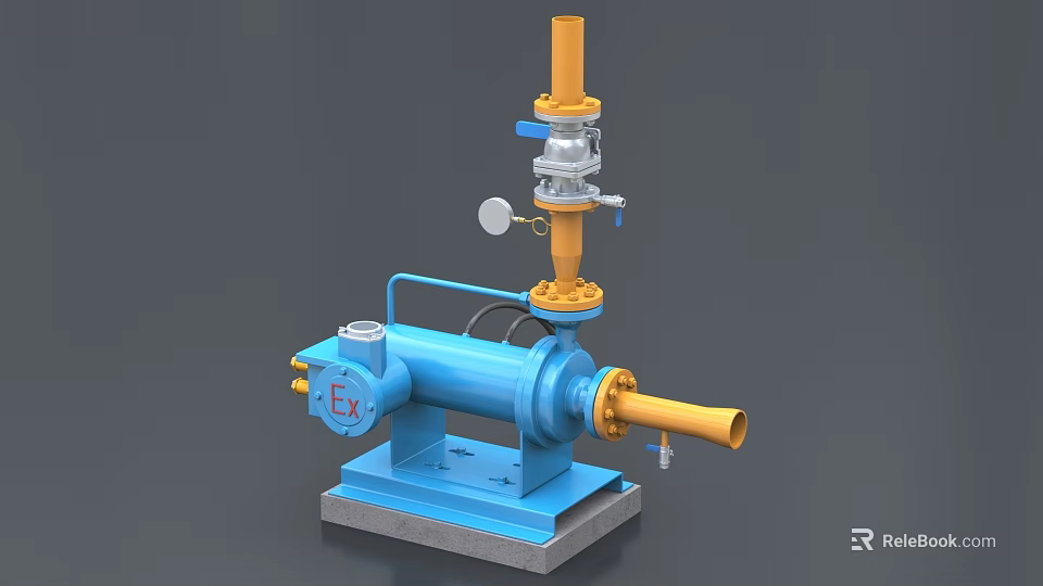 Industrial Equipment Blue Mechanical Pump With Yellow Pipes Base And Gauge 3d model 