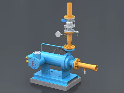 Industrial Equipment Blue Mechanical Pump With Yellow Pipes Base And Gauge 3d model