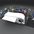 Modern Recreational Vehicle With Open Awning Parked By Exhibition Showroom Hall With Posters