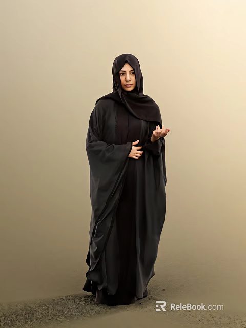 Woman Wearing Black Abaya And Hijab Standing Against Beige Background With Hand Gesture 3d model 