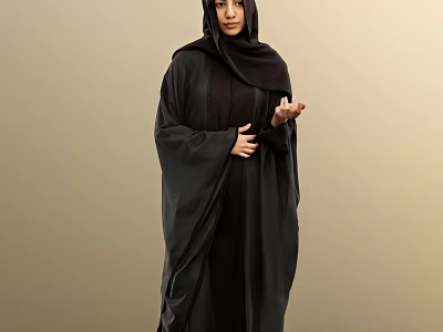 Woman Wearing Black Abaya And Hijab Standing Against Beige Background With Hand Gesture 3d model