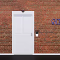 Red Brick Wall With White Door And Blue STORAGE Lettering Design