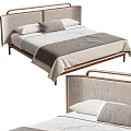 Modern Double Bed With Linen Headboard Wooden Frame Beige Gray Bedspread And Pillows