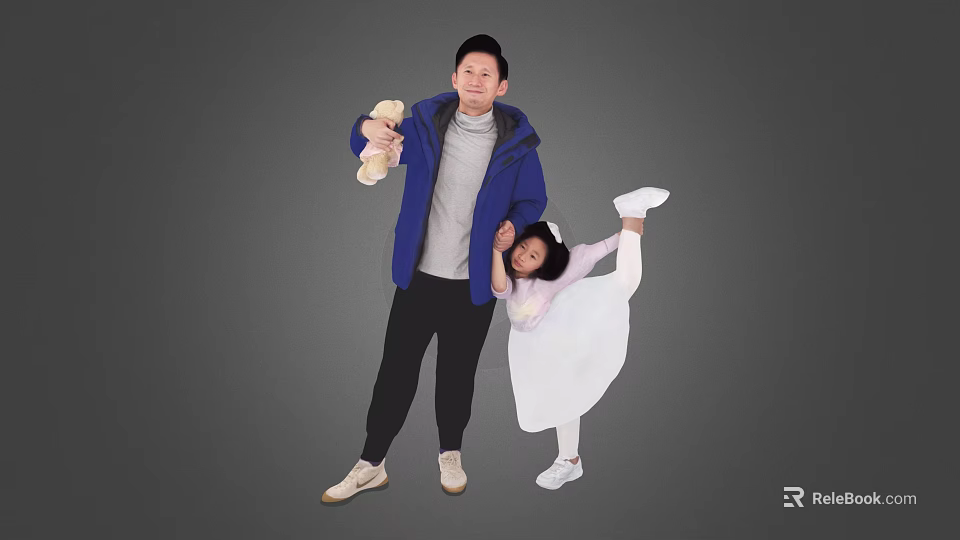 Man In Blue Jacket Holding Stuffed Toy With Little Girl In Ballet Dress Holding Hands 3d model 