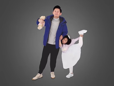 Man In Blue Jacket Holding Stuffed Toy With Little Girl In Ballet Dress Holding Hands 3d model