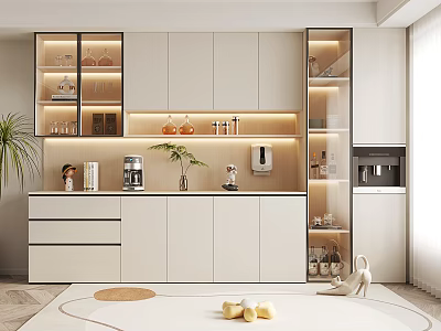 Modern Wine Cabinet With Glass Doors LED Lighting Storage And Coffee Machine In Kitchen 3d model