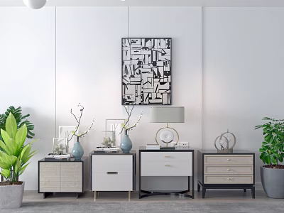 Modern Bedside Tables With Drawers And Table Lamp Near Green Plants And Decorative Painting 3d model