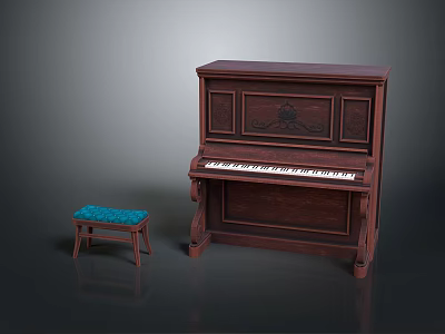 Wooden Upright Piano With Blue Cushioned Stool In Studio Environment 3d model