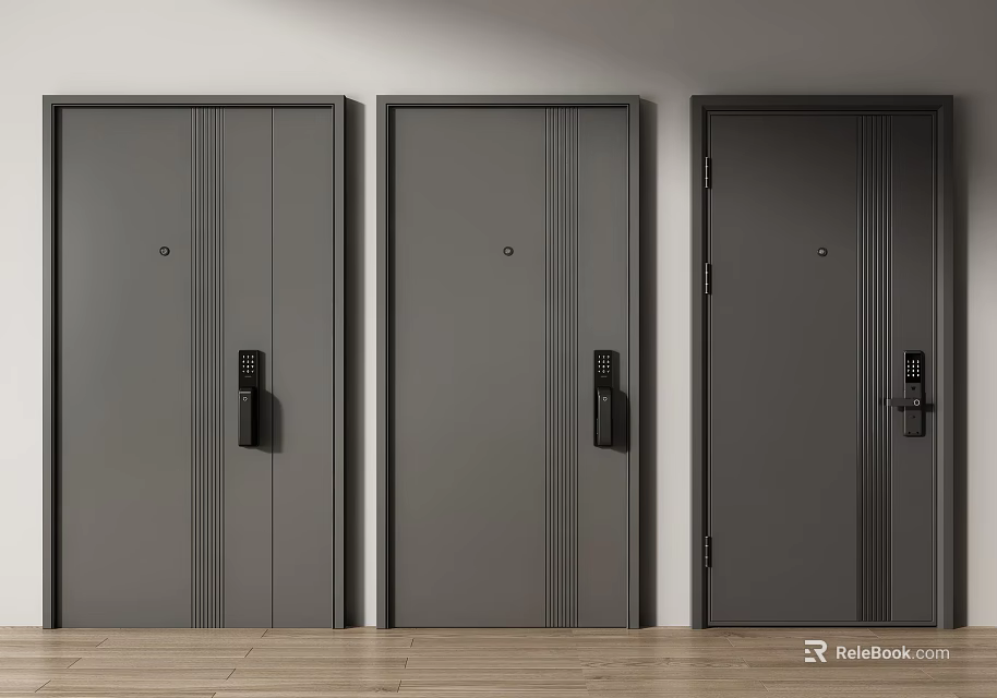 Three Modern Grey Security Doors With Contemporary Lock And Interior Design 3d model 