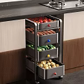 Colorful Fresh Fruits Stored in Wooden Kitchen Cabinet with Colored Drawer Knobs