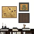 Artistic Photo Wall with Three Decorative Paintings Various Patterns and Table Decor Below 3d model