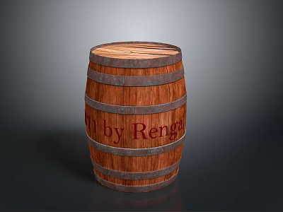 Vintage Wooden Barrel With Metal Strips And Rengel Engraved Text Design 3d model