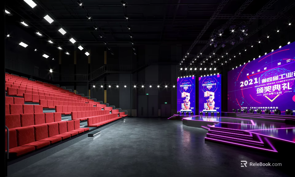 Modern Indoor Stage With Red Seats Large Screen Bright Lights Setup 3d model 