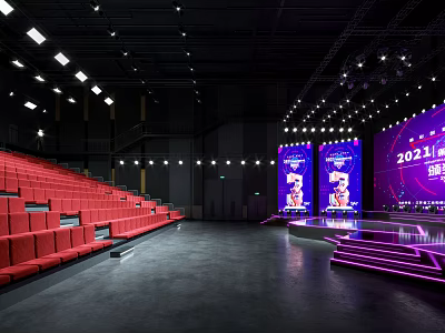 Modern Indoor Stage With Red Seats Large Screen Bright Lights Setup 3d model