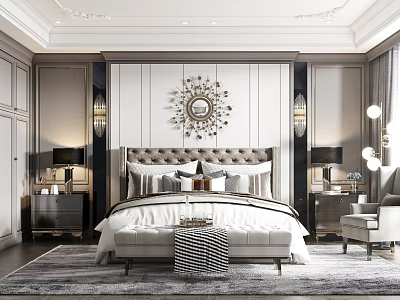 Elegant Luxurious Bedroom Interior With Tufted Headboard Decorative Mirror Nightstands Area Rug And Armchair 3d model