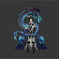 Woman In Traditional White Robe With Blue Purple Dragon Ornament And Glowing Orbs