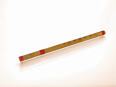 Long Traditional Wooden Brown Flute With Red Decorations And Black Holes 3d model