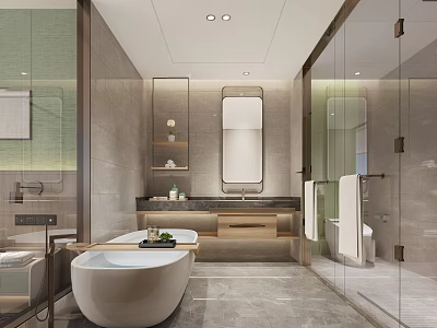 Modern Hotel Bathroom Interior With Freestanding Bathtub Glass Shower And Vanity Mirror 3d model