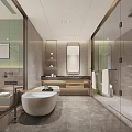 Modern Hotel Bathroom Interior With Freestanding Bathtub Glass Shower And Vanity Mirror